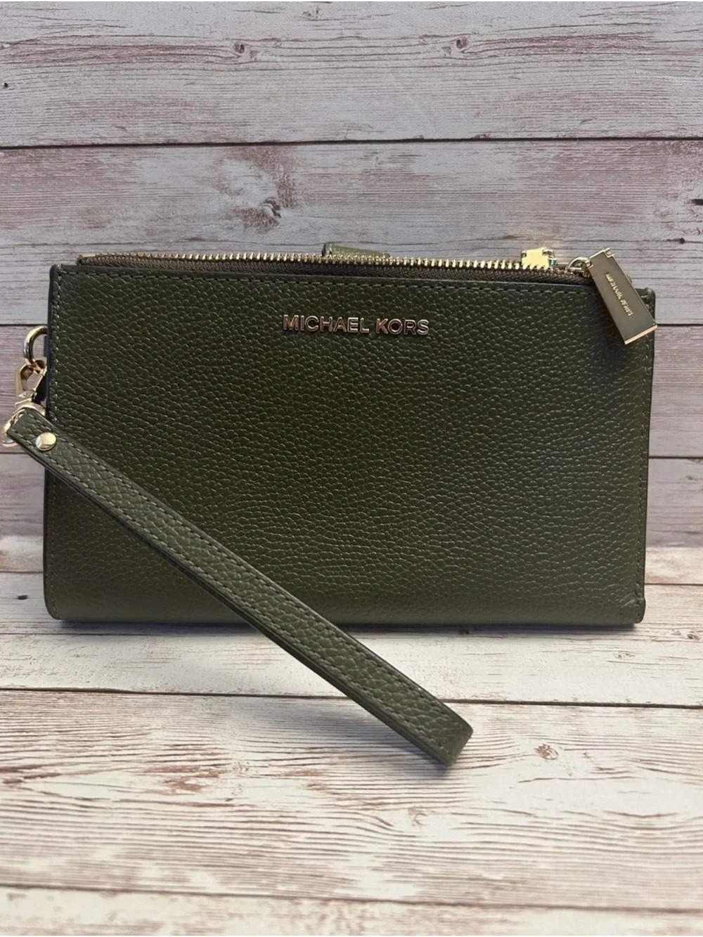 Michael Kors Olive Pebbled Leather Wristlet with Gold Hardware